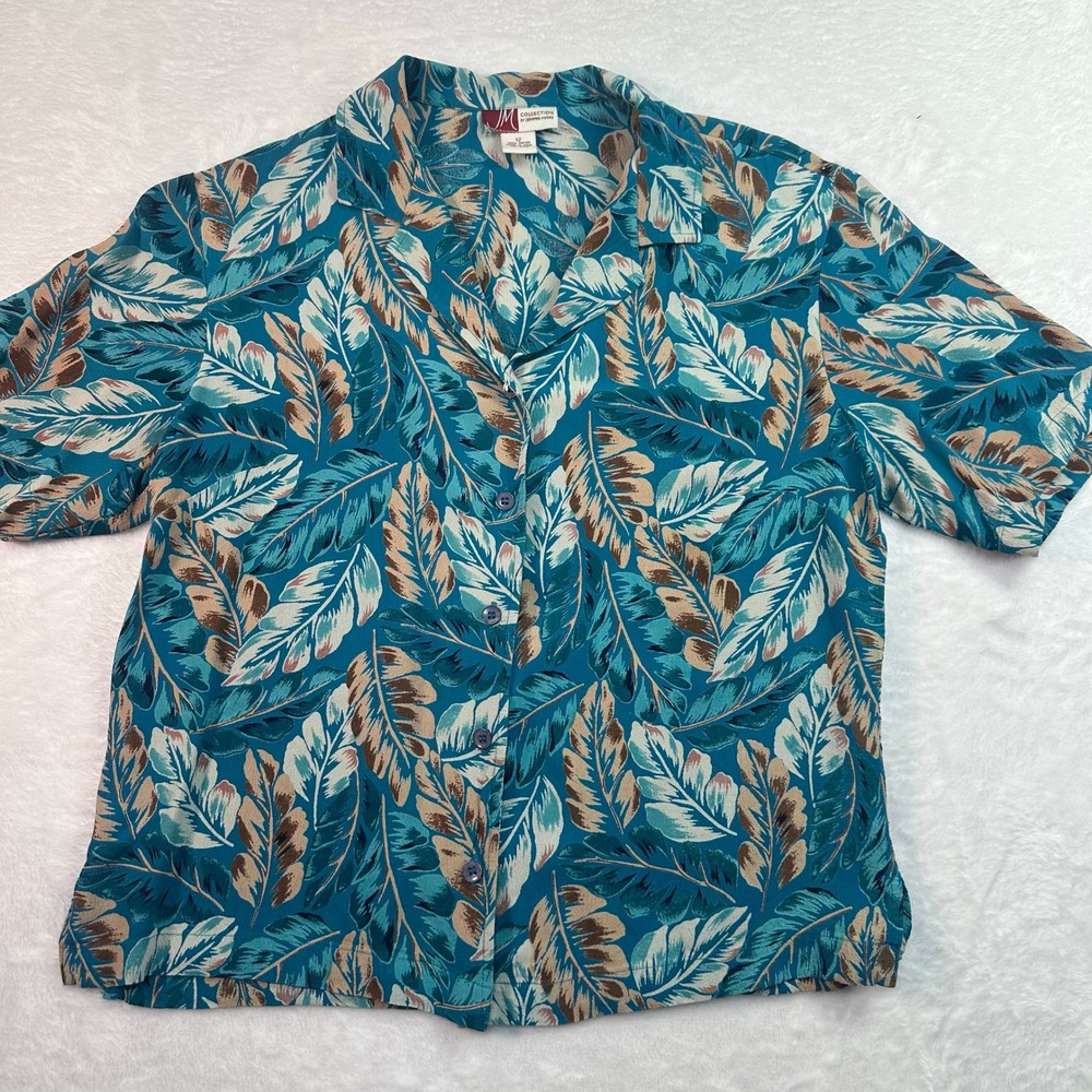 JM Collection Button Up Women 12 Blue Tropical Leaf Short Sleeve Rayon Crepe Top